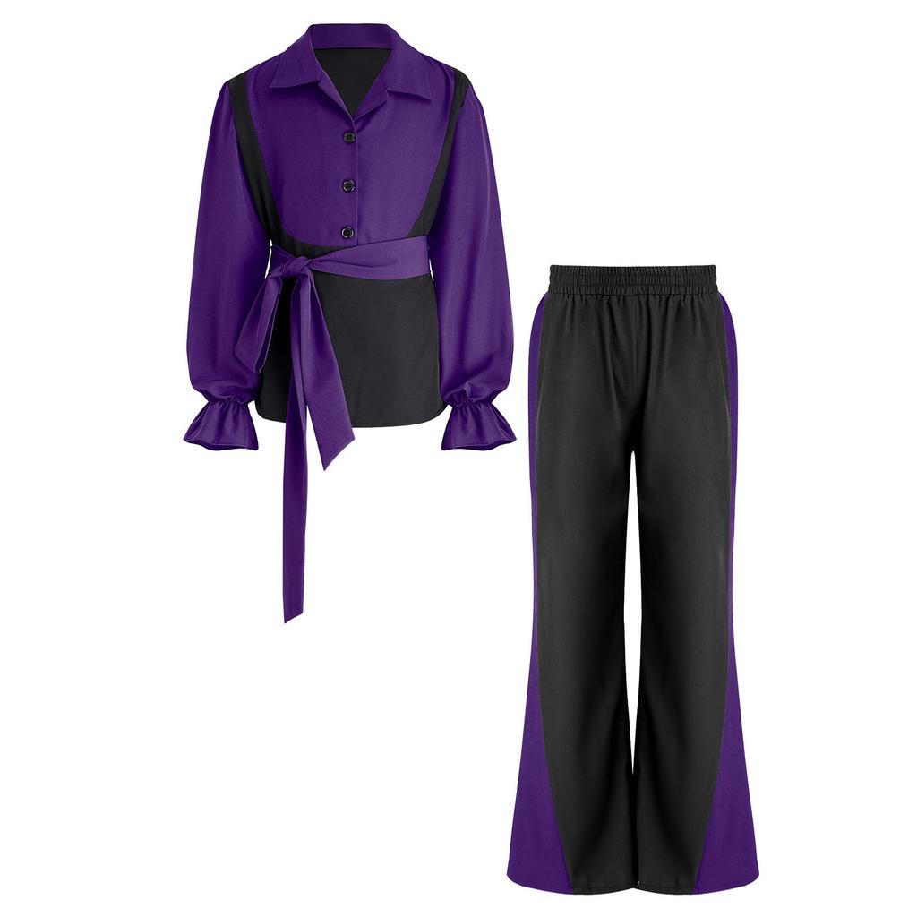 Boys Flamenco Dance Outfit Color Block Turn Down Collar Long Puff Sleeve Pullover Shirt Elastic Waistband Pants Belt
