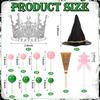 Witch Theme Party Supplies Green and Pink Balls Silver Crown, Broom and Black Witch Hat for Halloween Princess Party Cake Decor