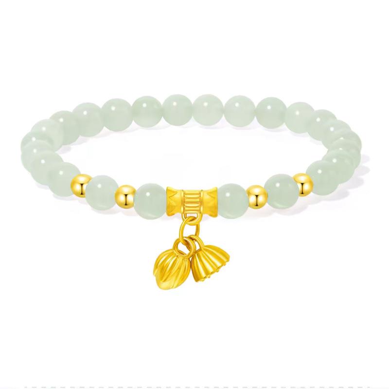999 Pure Gold & Hetian Jade Women's Bracelet with Lotus, Seed Pod, Bamboo, and Lily of the Valley Design