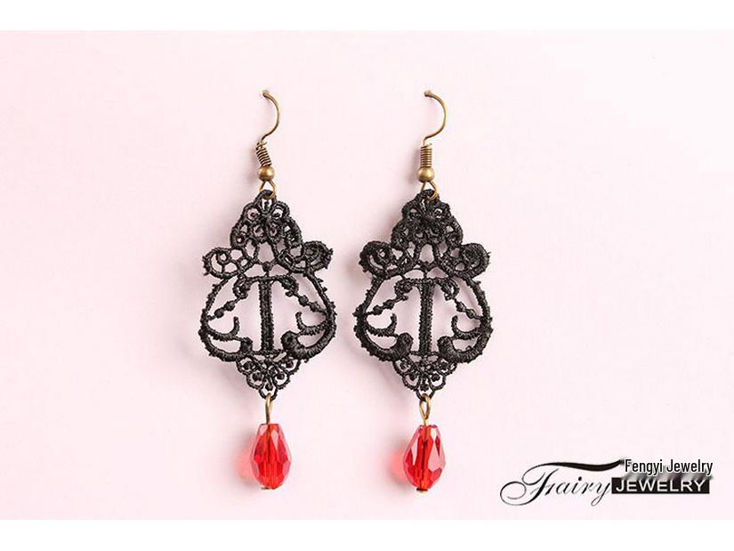 Vintage Baroque Crystal & Lace Dangle Earrings for Women - Black.