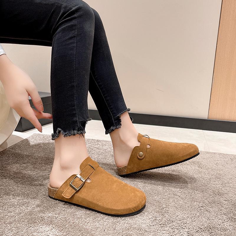 Женские европейские и американские тапочки большого размера с закрытым носком из пробки - Модные полутапочки в римском стиле для пар