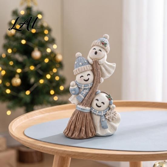 Christmas Tree Decorations Cute Ghost on Broom Figurine Resin Statue Decorative Festive Room Ornaments Sculpture Halloween and Tabletop Decoration