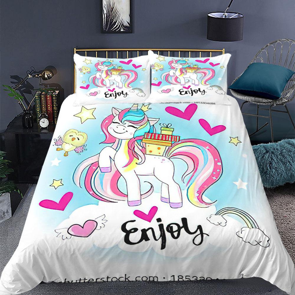 Unicorn Duvet Cover Set King Queen Size Pink 3D Print Cute Unicorn Star Rainbow Cloud for Kids Girls Boys Polyester Bedding Set