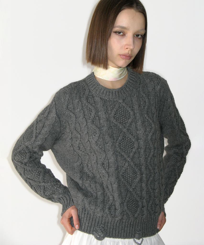 SUNBURNPROJECT Damaged Cable Wool Knit, Charcoal