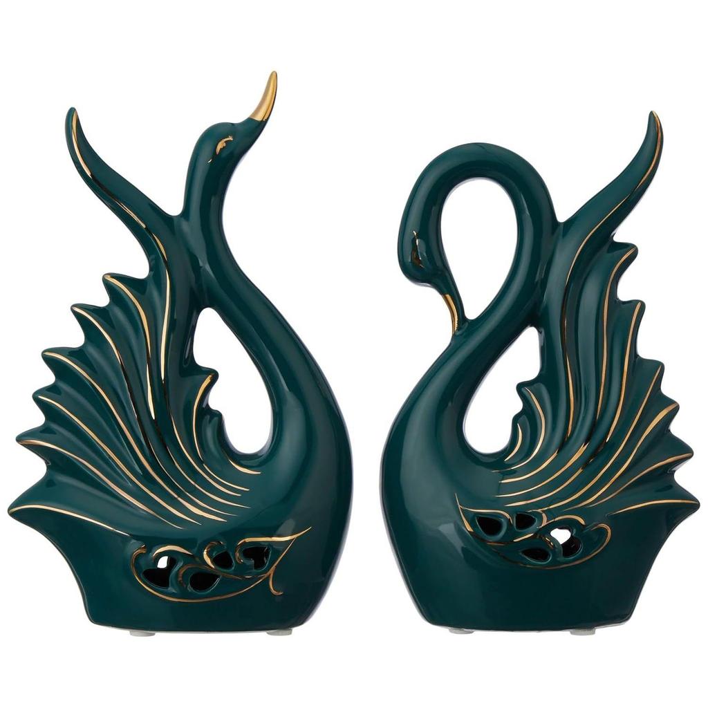 Современная элитная керамическая фигурка в виде пары лебедей | Красивый декор для дома (2 шт., темно-зеленый, средний)