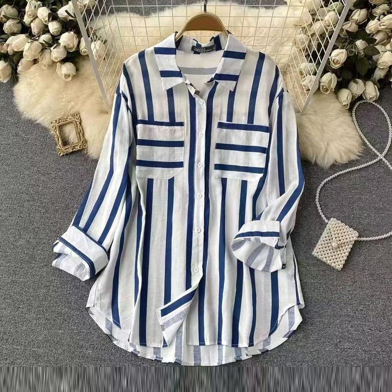 ZANZEA Женские повседневные рубашки с длинным рукавом в полоску и карманами