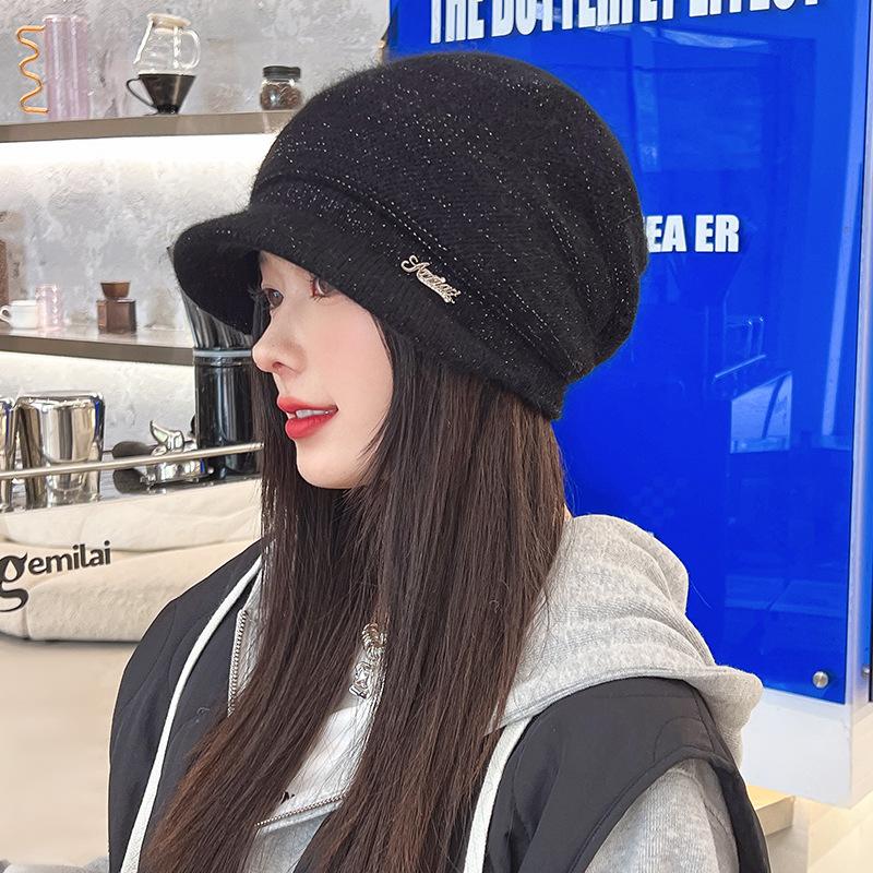 Rabbit Fur Blended Stacking Hat Women's Autumn and Winter Big Head Circumference Warm Wool Hat Versatile Bag Head Duck Tongue Knitted Hat