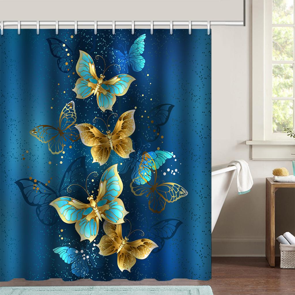 4pcs Blue-Golden Butterfly Shower Curtain Set with Rug, Toilet Lid Cover, Bath Mat, and Waterproof Polyester Curtain for Windows