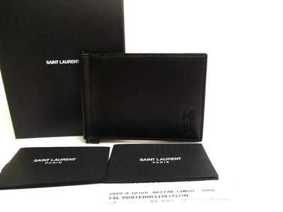 Оригинальный Saint Laurent YSL Черный Кожаный Золотой H/W Двустворчатый Кошелек для Банкнот #a956 Восстановленный