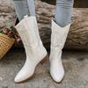 Модные однотонные вышитые ковбойские сапоги женские с острым носком на толстом каблуке до середины голени стильные женские сапоги из искусственной кожи