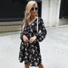 Fashion Women's Short Skirt Printed Long Sleeved V-Neck Black Dress Woman