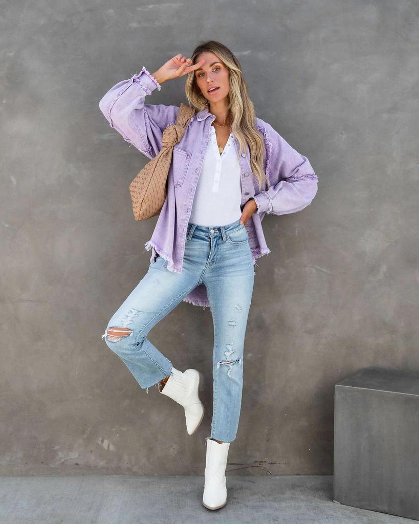 Женская джинсовая куртка с длинными рукавами и необработанными краями, осень 2025