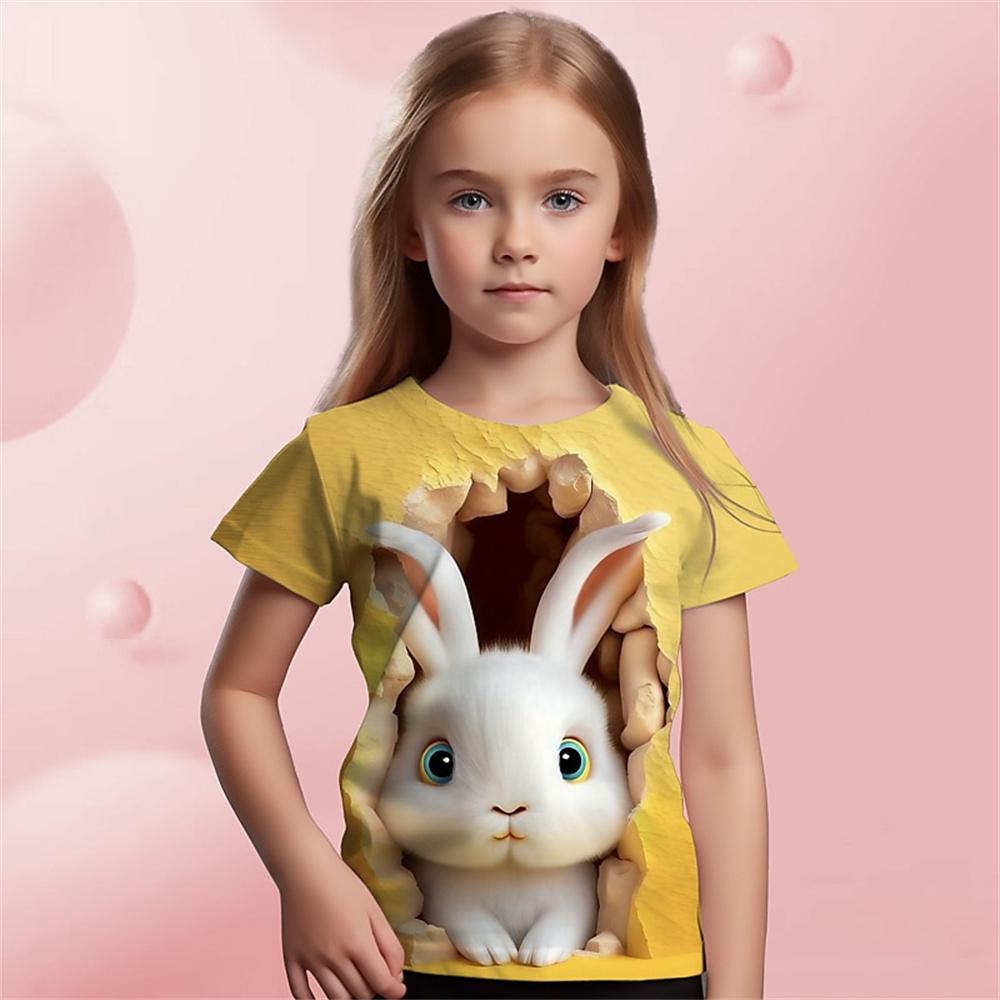 Милая футболка с изображением кролика в виде животного, напечатанная на 3D-принте, для девочек, детская одежда, верхняя футболка, футболка для девочки, летняя повседневная футболка с коротким рукавом