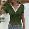 Summer Lace Patchwork V-neck Short Sleeved T-shirt Comfortable Knit Top for Women Shirt