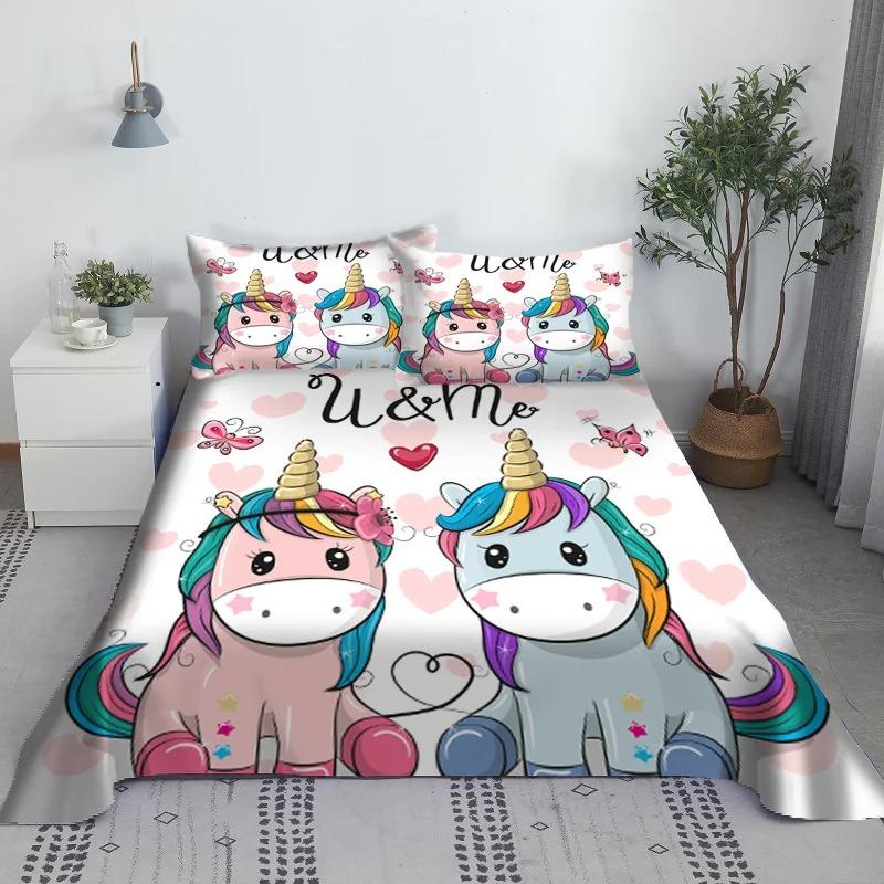 Multi Colored Unicorn Bed Sheet 3D Printed Cartoon Polyester Bed Sheet with Pillowcase, Children's Bedding Gift Set In Full Size