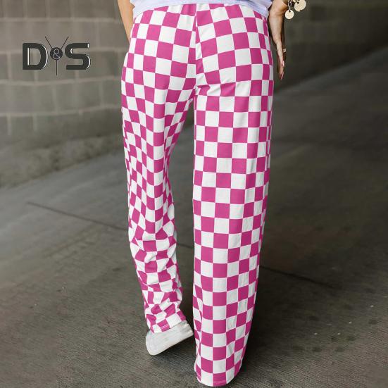 Женские брюки с высокой талией, эластичные, клетчатые, широкие, повседневные брюки свободного кроя, повседневная одежда для работы и отдыха