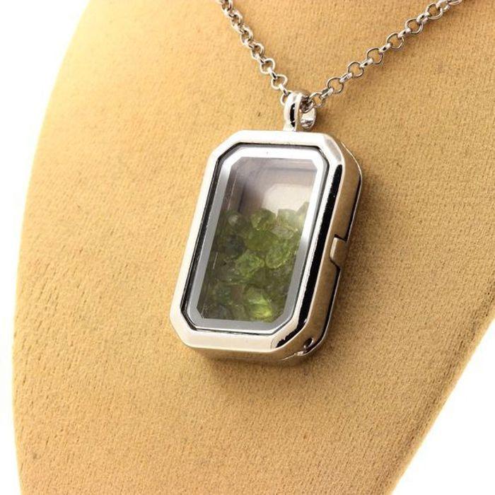 Stones and Minerals. Raw Peridot Necklace. Rectangular Model with Cut Sides.