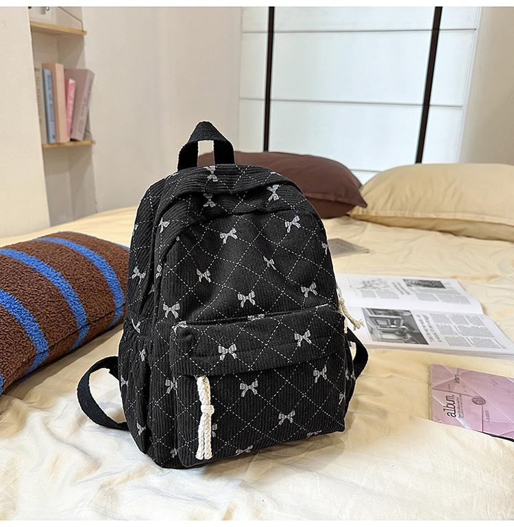 Schoolbag corduroy bow small backpack girls high value small schoolbag simple ins wind small casual backpack women