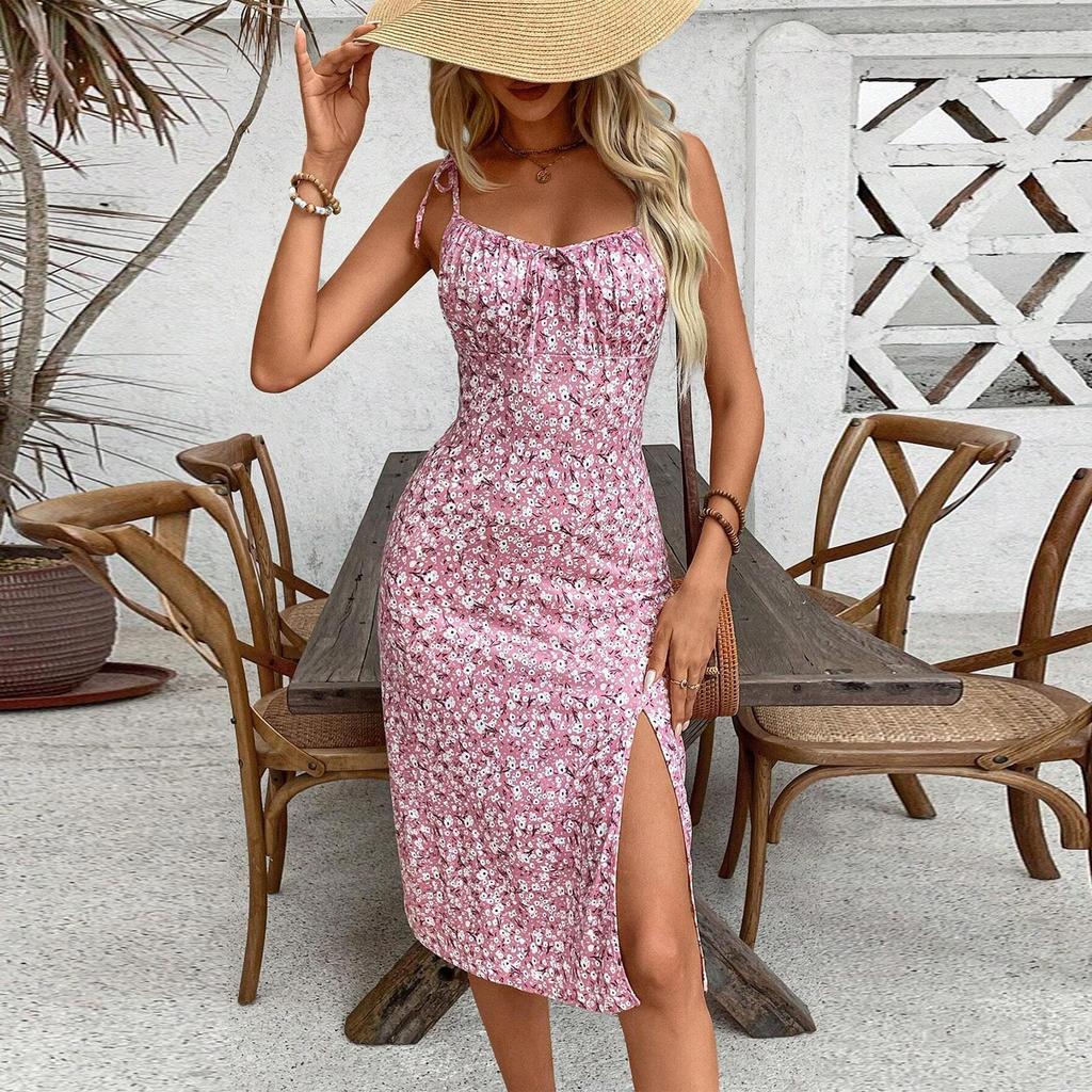 Женское летнее сексуальное платье с подтяжками и цветочным разрезом