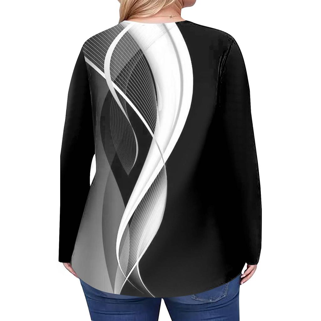 Женский модный топ большого размера с принтом, повседневный плиссированный, с круглым вырезом и длинными рукавами