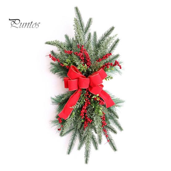 Светящийся рождественский венок для лестницы, венок с каплевидной отделкой, гирлянда для двери и лестницы с ягодным бантом, пластиковый рождественский праздничный домашний декор