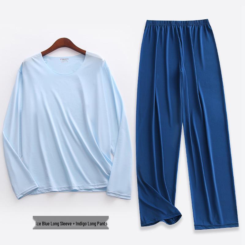 Liquid Ice Silk Ultra-Thin Men's Pajama Set - Spring/Summer Long Sleeve Top & 9/9 Length Pants, High Elastic Home Wear