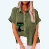 Женская мода, топ с воротником с лацканами, летняя и осенняя повседневная футболка с коротким рукавом, льняные блузки с карманом, кардиган с принтом кота, свободная рубашка