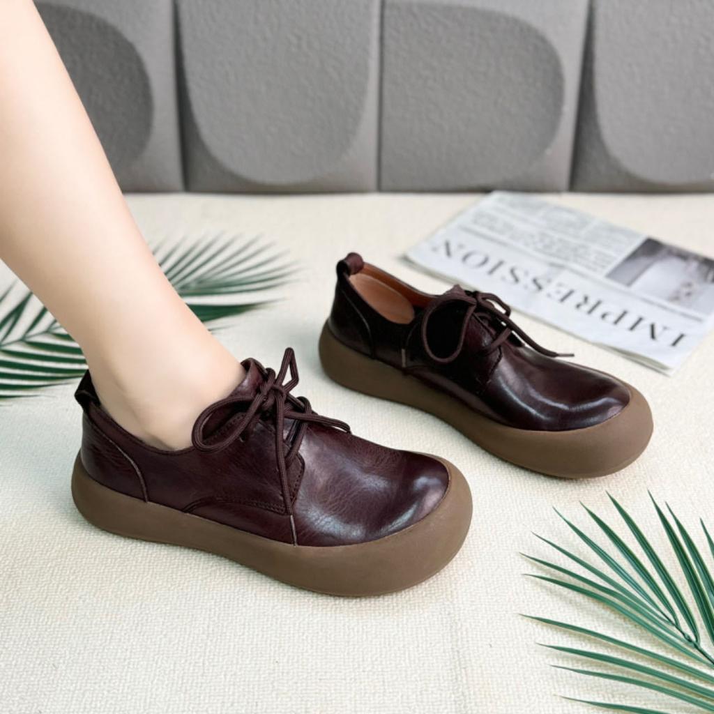 Spring New Women's Shoes First Layer Cowhide Lace-up Thick-soled Single Shoes Retro Round Head Women's Shoes Soft Sole Soft Surface