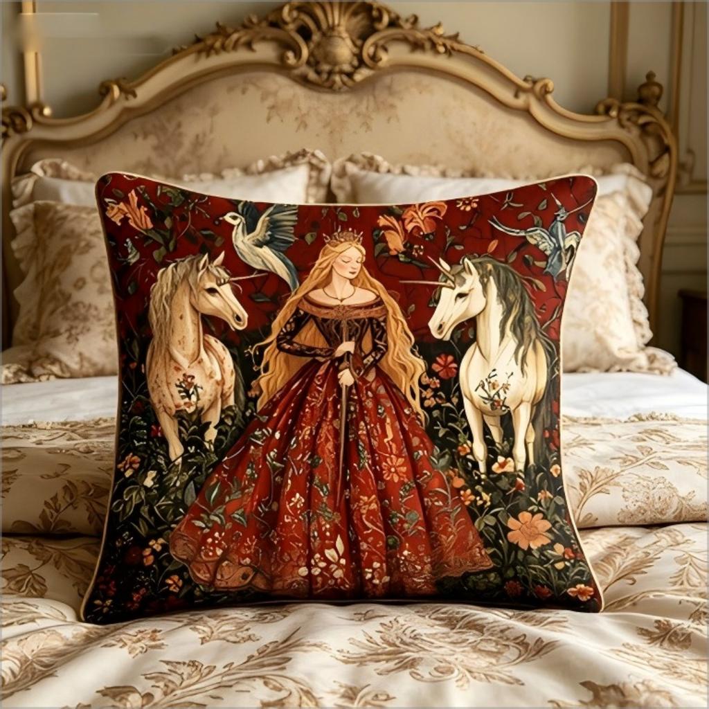Medieval Princess & Unicorn Throw Pillow Cover, Vintage Floral Gothic Fairy Tale Decorative Cushion For Living Room Bedroom
