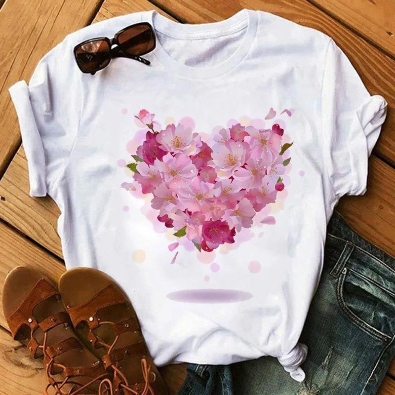 26 Letters Print T-Shirt Alphabet with Pink Flower Harajuku White Graphic Tee Casual Short Sleeve Lady Y2k Tops Women's Clothing