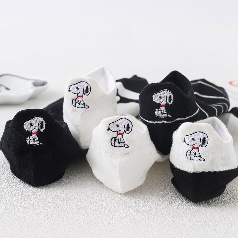 Женские черно-белые мультяшные вышитые носки до щиколотки - летние тонкие с мелким вырезом, корейский стиль