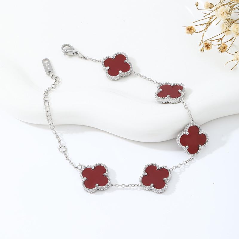 18K Gold Plated Mother-of-Pearl Four-Leaf Clover Jewelry Set: Bracelet, Necklace, Ring, Stud Earrings