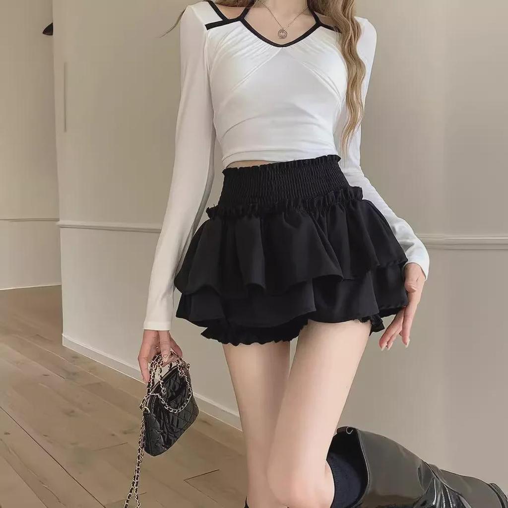 Black Windproof Pleated A-Line Skirt: High Waist, Slim Fit, Women's Ballet Cake Style with Shorts.