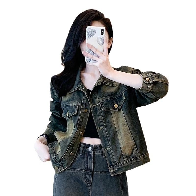 Весенне-осенняя женская джинсовая куртка, винтажная куртка-поло с воротником, короткие топы