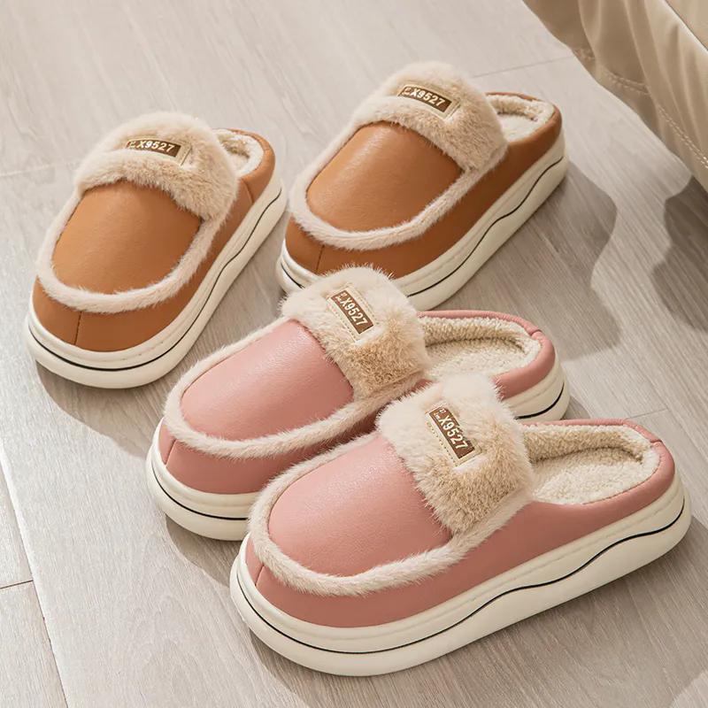 WTEMPO Пара ПУ толстый плоский каблук плюшевые теплые домашние тапочки искусственная кожа закрытый носок осенне-зимние хлопковые тапочки