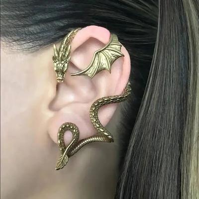 Готические серьги-каффы с драконами, левая и правая, золотистого цвета, женские, ретро, с дизайном личности, животные, женское украшение для ушей, ювелирные изделия, подарки