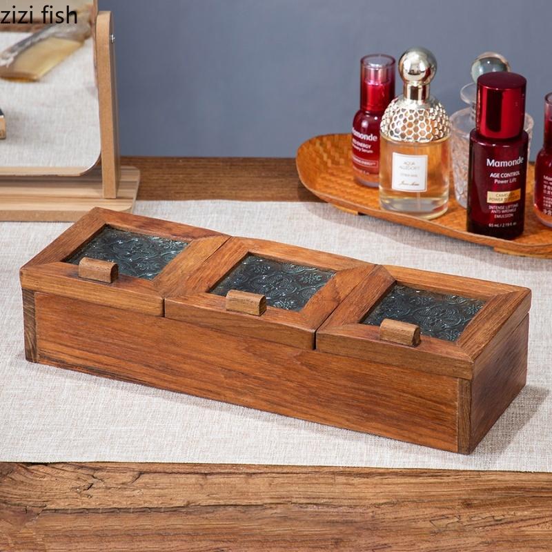 Ящик для хранения из цельного дерева, стеклянная крышка, шкатулки для украшений, 3 решетки, тарелка для закусок, коробка для сухофруктов, коробки для конфет, органайзер для украшений, подносы для закусок