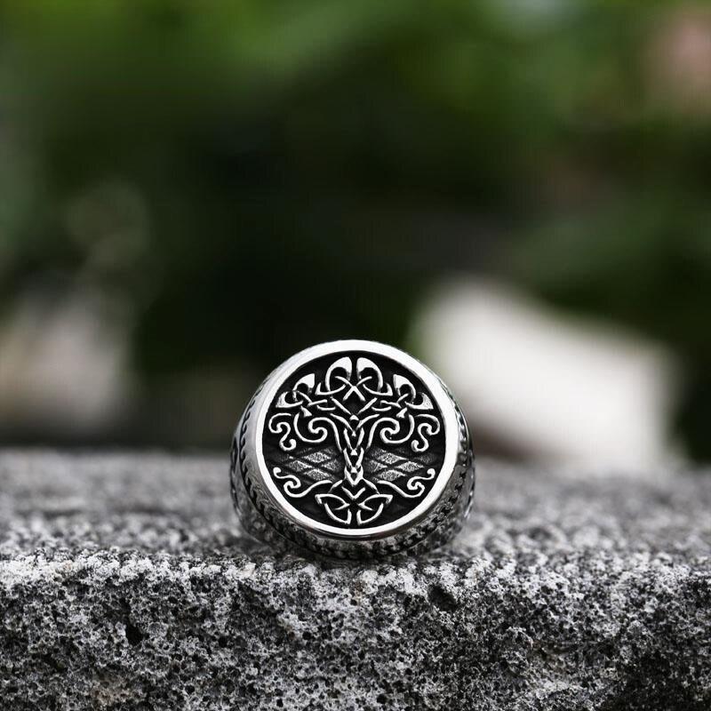 Vintage Mens Viking Tree of Life Signet Ring Cool Mens 316L Stainless Steel Nordic Rune Rings Retro Amulet Jewelry