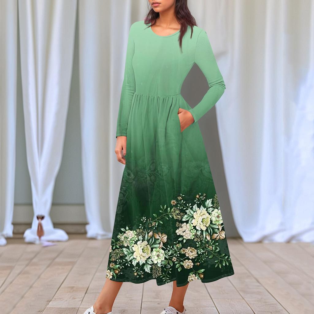 Женское платье миди в стиле бохо с цветочным принтом, повседневное, с длинным рукавом, струящиеся платья со сборками и карманом, лето и весна