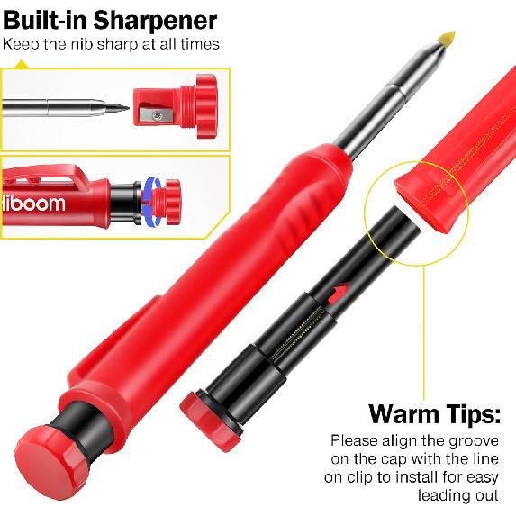 Hiboom 3 Pack Solid Carpenter Pencil with 21 Refill, Long Nosed Deep Hole Mechanical Pencil Marker with Built in Sharpener for Carpenter, Design