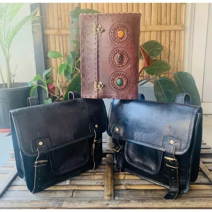 Goat Leather Messenger Satchel Black Motorcycle Black Bag  ( Free Gift Diary Brown Size - 10 X 7  In )