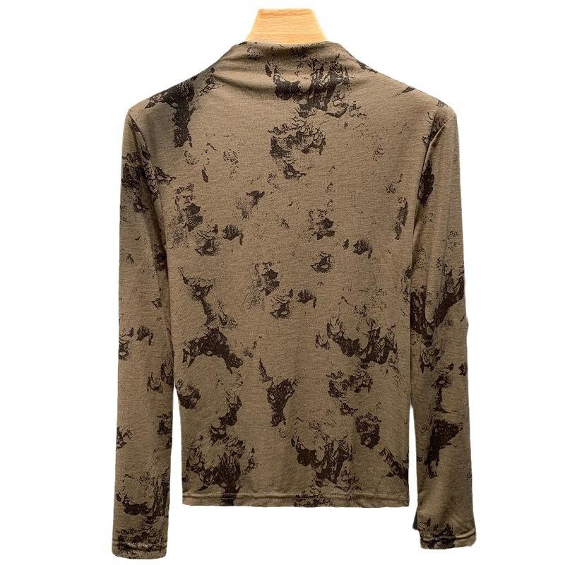 Women's Autumn and Winter Half High Neck Bottom Retro Printed Top