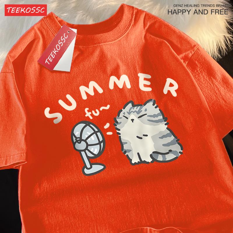 Американская уличная креативная футболка из чистого хлопка с веером и котом для мужчин и женщин, летняя свободная футболка с короткими рукавами для пар, футболка в стиле Харадзюку