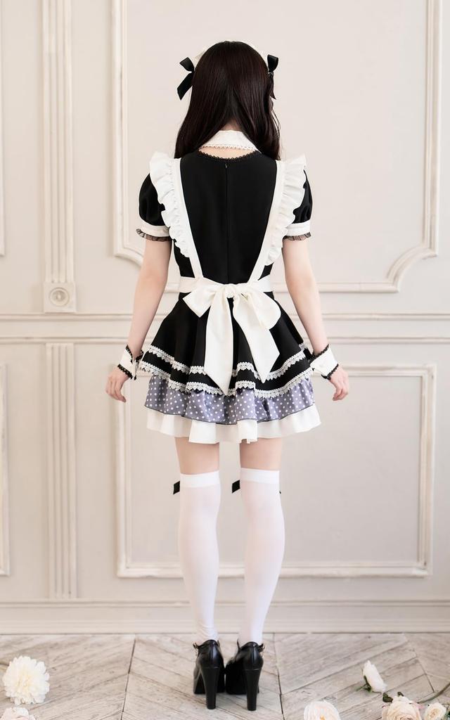 Cosplay Maid Waitress Housekeeper Dot Classic White Black Monochrome Costume Disguise Marie Moon 6 Piece Set 10224 [Malymoon] (Black)