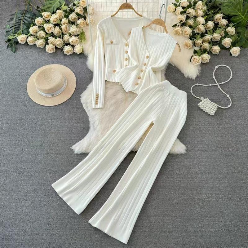 Модный женский костюм, однобортный трикотажный жакет с длинными рукавами и воротником + жилет + прямые широкие брюки с высокой талией, костюм-тройка