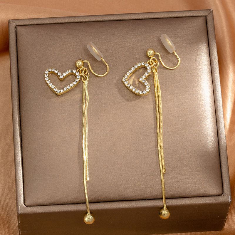 2023 New Design Earrings Love Rhinestone Long Tassel Earring Mosquito Coil No Piercing Ear Clip Female