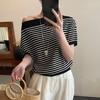 Летний повседневный свитер женский с косым воротником в черную полоску Пуловер Харадзюку Женские топы с коротким рукавом Трикотаж Трендовые свитера