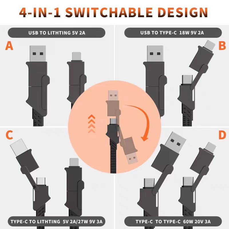 2024 Сплав цинка Магнитный Кабель 4-в-1 Type-C PD60W Power Bank