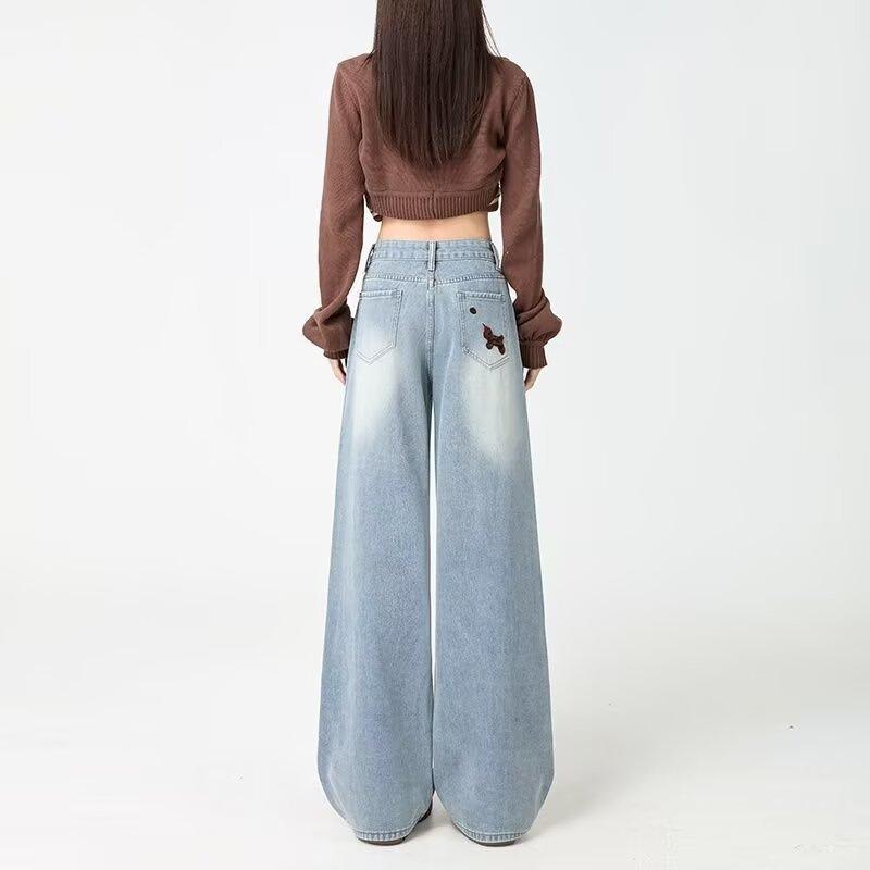 Fashionable puppy embroidered wide-leg jeans women's loose slimming versatile design floor-length pants Cute Dog Embroidered Casual Pants