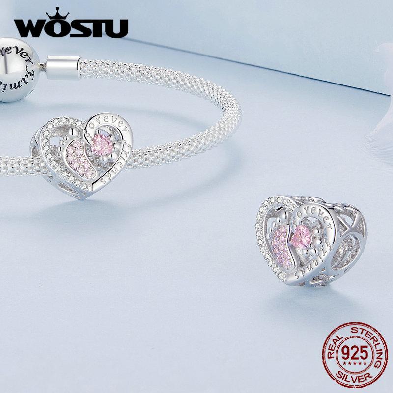 WOSTU 925 Sterling Silver Best Friends Series Pink Pet Paw Heart Charm Infinite Love Beads Fit Original Bracelet DIY Necklace